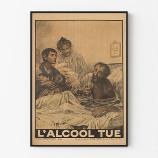 Historische poster – L’Alcool tue – Eugène Burnand, gepresenteerd in een dunne lijst tegen een lichte muur.