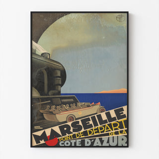 Vintage Marseille – Côte d’Azur – Roger Broders, gepresenteerd in een smal lijstje tegen een lichte muur.