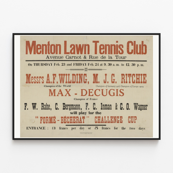Menton Lawn Tennis Club poster, shown in a slim frame on a light wall.
