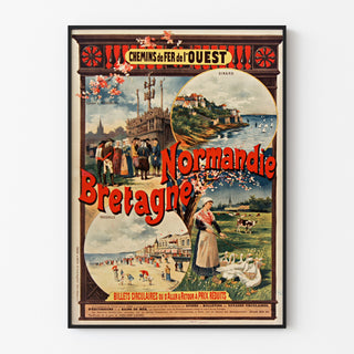 Vintage Normandië-poster – Normandië en Bretagne — chemins de fer de l’Ouest, tentoongesteld in een smal lijstje aan een lichte muur.