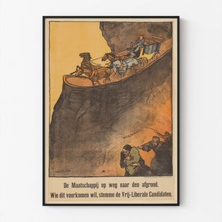 Vintage politieke poster – Liberale verkiezingen, 1918 – Sluiter, in een smal frame aan een lichte muur.