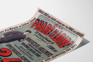 Vintage advertisement Au Phare de la Loire, clothing, poster displayed on a curled sheet, shown in perspective.