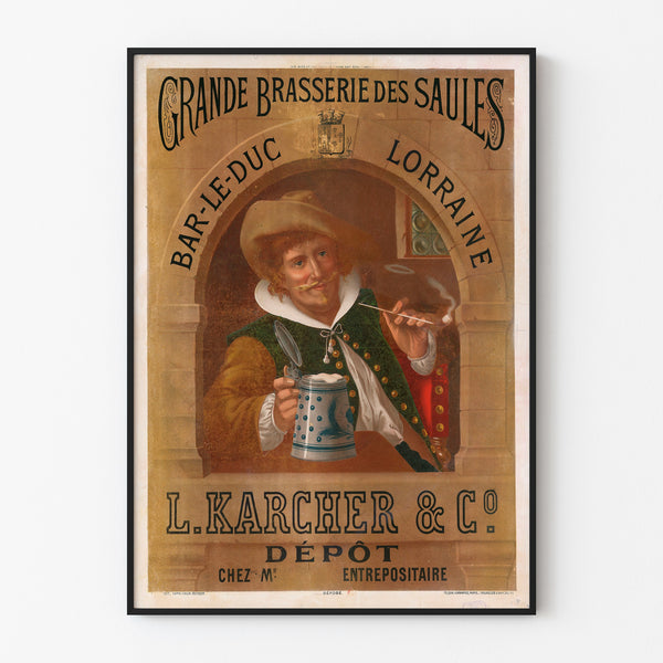 Vintage Brasserie des Saules, Bar-le-Duc advertisement, shown in a slim frame on a light wall.