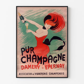 Vintage reclameposter Champagne Damery-Épernay, weergegeven in een dunne lijst aan een lichte muur.