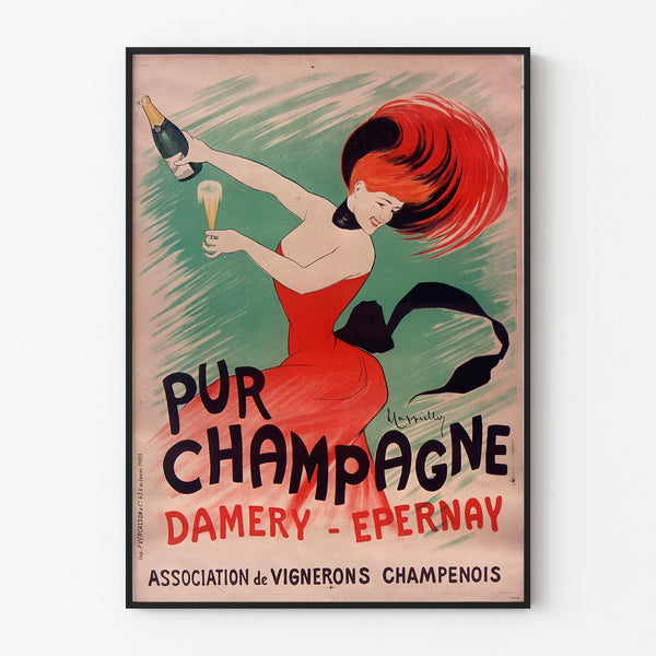 Vintage Champagne Damery-Épernay advertisement, shown in a slim frame on a light wall.