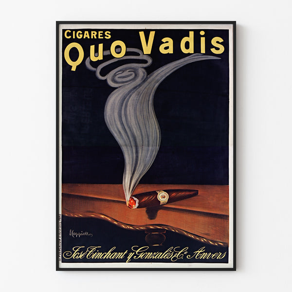 Vintage Quo Vadis Cigars advertising poster, displayed in a slim frame on a light wall.