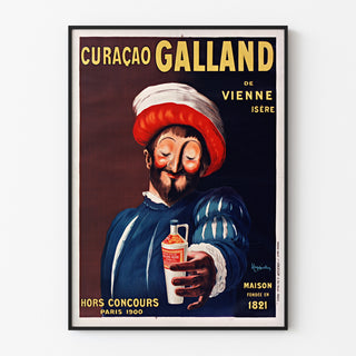 Vintage reclameposter Curaçao Galland, weergegeven in een smal kader aan een lichte muur.