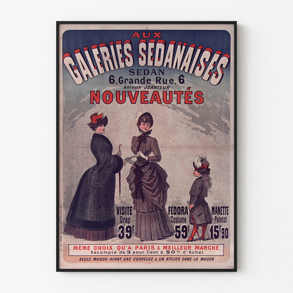 Vintage advertisement Galeries sedanaises, Nouveautés, displayed in a slim frame on a light wall.