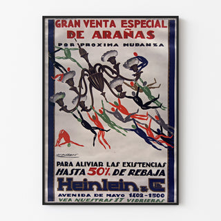 Vintage advertentieposter Heinlein, kroonluchters, gepresenteerd in een smal frame aan een lichte muur.