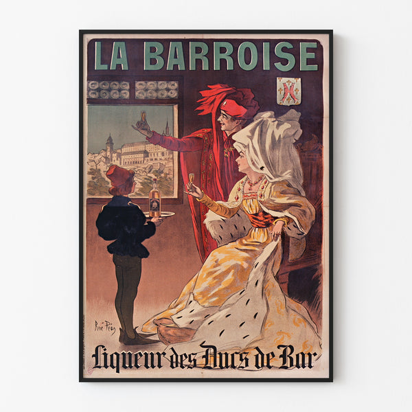 Vintage reclameposter La Barroise, weergegeven in een dunne lijst aan een lichte muur.