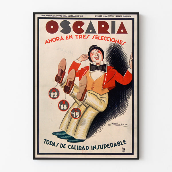 Vintage reclameposter Oscaria, schoenen, gepresenteerd in een smal frame aan een lichte muur.