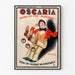 Vintage reclameposter Oscaria, schoenen, gepresenteerd in een smal frame aan een lichte muur.
