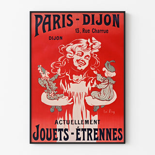 Vintage reclameposter Paris–Dijon, speelgoed en nieuwjaarsgeschenken, tentoongesteld in een smal lijstje aan een lichte muur.