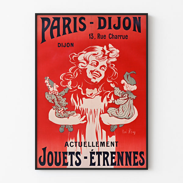 Vintage reclameposter Paris–Dijon, speelgoed en nieuwjaarsgeschenken, tentoongesteld in een smal lijstje aan een lichte muur.