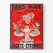 Vintage reclameposter Paris–Dijon, speelgoed en nieuwjaarsgeschenken, tentoongesteld in een smal lijstje aan een lichte muur.