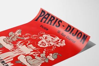 Vintage reclameposter Paris–Dijon, speelgoed en nieuwjaarsgeschenken, gepresenteerd op een licht gebogen vel, perspectivisch gezien.