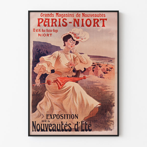 Reclameposter vintage Paris-Niort, zomernieuws, gepresenteerd in een smal kader aan een lichte muur.