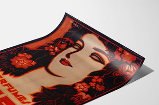 Vintage advertising poster Perfumes Griet, presented on a curled sheet, viewed in perspective.