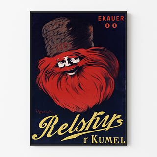 Vintage reclameposter Relskyr - 1° Kumel, weergegeven in een smal kader aan een lichte muur.