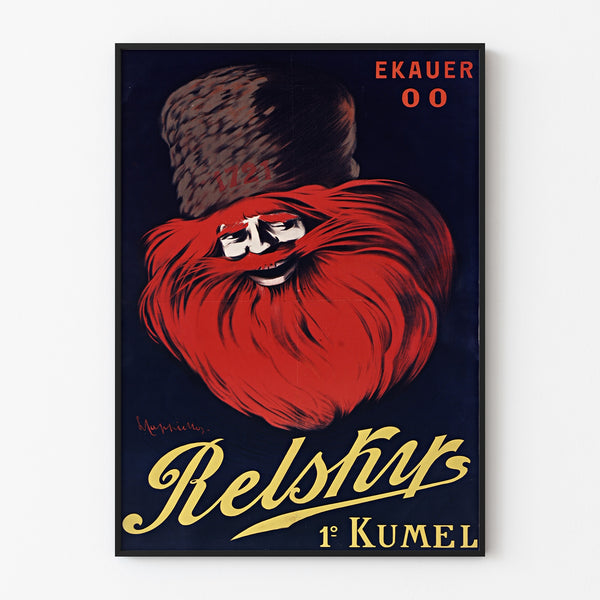 Vintage reclameposter Relskyr - 1° Kumel, weergegeven in een smal kader aan een lichte muur.