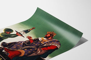 Vintage reclameposter Royal Melchior, grand mousseux, weergegeven op een gebogen blad, perspectivisch gezien.