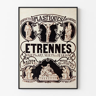 Vintage reclameposter Verdun, beeldjes en geschenken, getoond in een slank frame tegen een lichte muur.