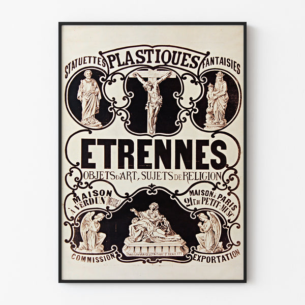 Vintage reclameposter Verdun, beeldjes en geschenken, getoond in een slank frame tegen een lichte muur.