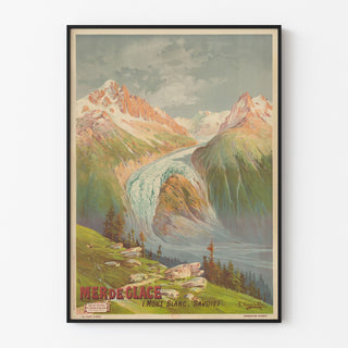 Oud schoolplaat‑affiche – Mer de Glace – Hugo d’Alési, in een smal lijstje aan een lichte muur.