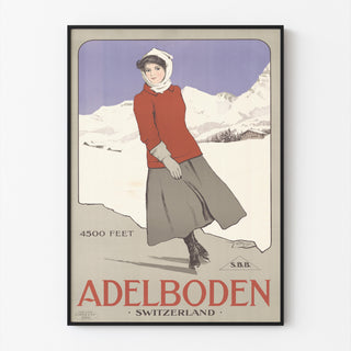 Zwitserland vintage – Adelboden – Carlo Pellegrini, 1905, gepresenteerd in een smal lijstje tegen een lichte muur.