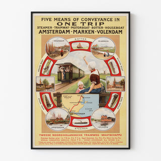 Vintage toeristenposter – Amsterdam, Marken en Volendam, gepresenteerd in een smal lijstje tegen een lichte muur.