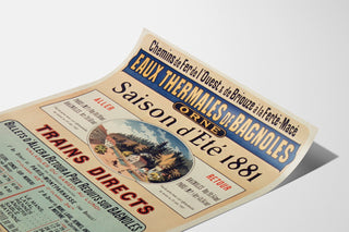 Vintage reisposter – Bagnoles, thermale wateren, gepresenteerd op een licht gebogen blad, perspectiefweergave.