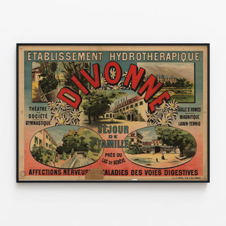 Vintage reisposter – Divonne — gezinsverblijf bij het Meer van Genève, geplaatst in een fijne lijst aan een lichte muur.
