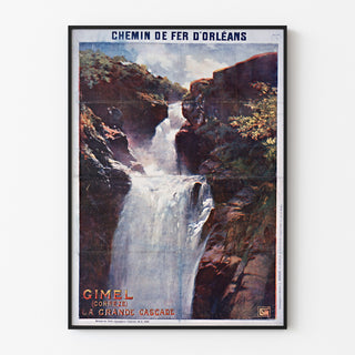 Vintage toeristische poster – Gimel, la Grande Cascade, gepresenteerd in een smal frame aan een lichte muur.