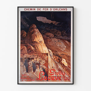 Vintage toeristenposter – Grottes de Lacave, Rocamadour, in een smal frame aan een lichte muur.