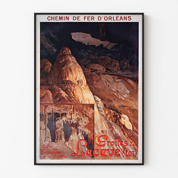 Vintage toeristenposter – Grottes de Lacave, Rocamadour, in een smal frame aan een lichte muur.