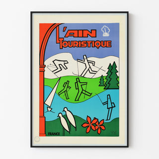 Vintage toeristische affiche – L’Ain touristique, weergegeven in een smal kader aan een lichte muur.
