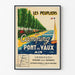 Vintage toeristische affiche – Les Peupliers, camping van Pont-de-Vaux, weergegeven in een smal kader aan een lichte muur.