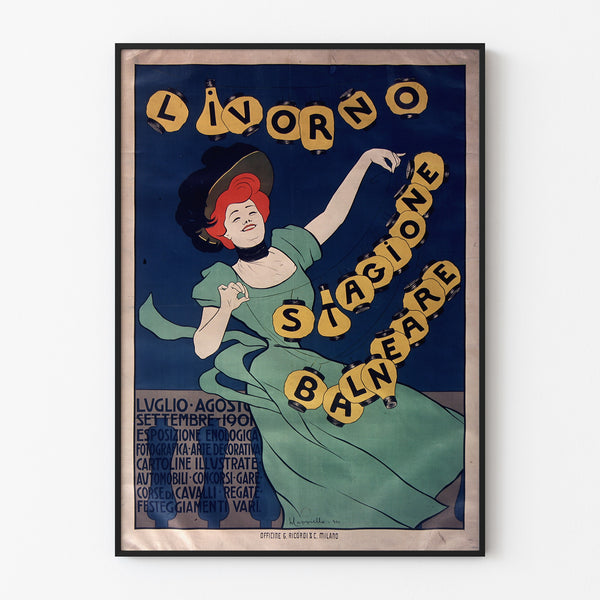 Vintage reisp Poster – Livorno, strandseizoen, getoond in een smal lijstje tegen een lichte muur.
