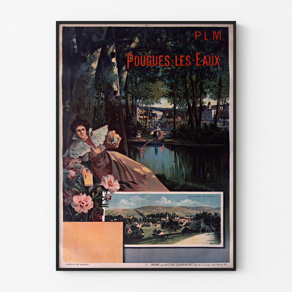 Vintage reisposter – Pougues-les-Eaux, PLM, getoond in een smal lijstje tegen een lichte muur.