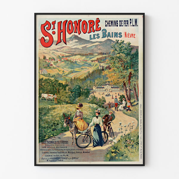 Vintage toeristische poster – Saint-Honoré-les-Bains, thermale baden, getoond in een slank frame tegen een lichte muur.