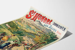 Vintage toeristische poster – Saint-Honoré-les-Bains, thermale baden, gepresenteerd op een gebogen blad, perspectivisch gezien.