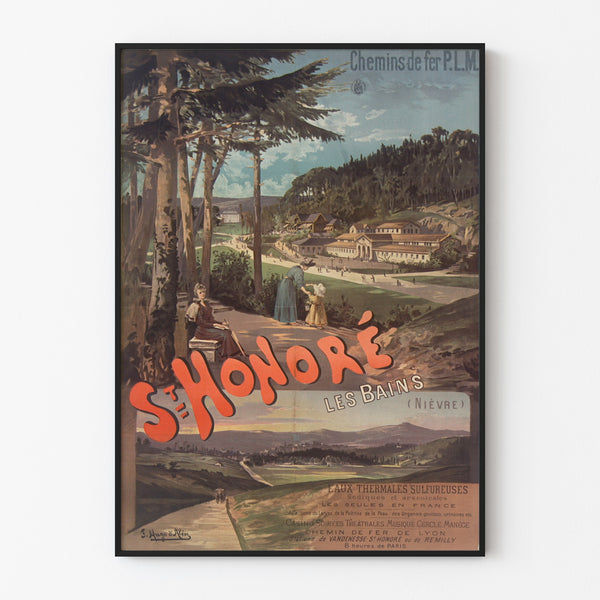 Vintage toeristische poster – Saint-Honoré-les-Bains, PLM, getoond in een slank frame tegen een lichte muur.