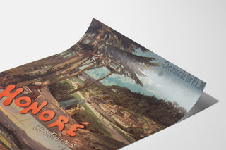 Vintage toeristische poster – Saint-Honoré-les-Bains, PLM, gepresenteerd op een gebogen blad, perspectivisch gezien.