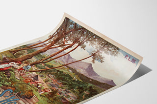 Vintage reisposter – Saint-Honoré-les-Bains, Tanconville, gepresenteerd op een licht gebogen blad, perspectiefweergave.
