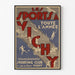 Vintage toeristische affiche – Vichy, sport het hele jaar door, weergegeven in een smal kader aan een lichte muur.