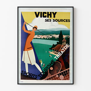 Vintage toeristische poster – Vichy, bronnen en toerisme, gepresenteerd in een smal frame aan een lichte muur.