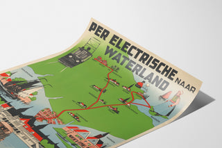 Vintage toeristische poster – Waterland, elektrische tram, gepresenteerd op een gebogen vel, perspectivisch weergegeven.