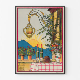 Vintage wijnposter – Au bon vin d’Alsace – Hansi, gepresenteerd in een smal lijstje tegen een lichte muur.