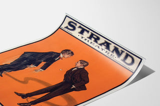 Vintageposter A Brace of Partridges, Strand Theatre, gepresenteerd op een licht gebogen vel, in perspectief gezien.