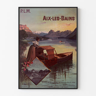 Vintage poster Aix-les-Bains, PLM groepskaartjes, in een smal lijstje aan een lichte muur.